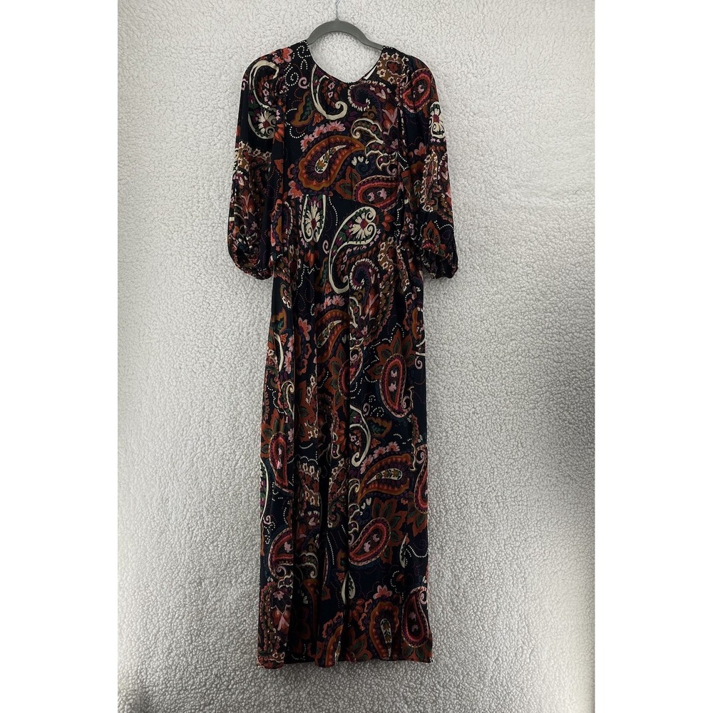 Anthropologie Kachel Floral Paisley Maxi Dress Sz Large Short Sleeve Satin Boho - Picture 1 of 10
